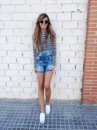 Women's Black and Gold Sunglasses, Blue Denim Overall Shorts, White and Black Horizontal Striped Long Sleeve T-shirt