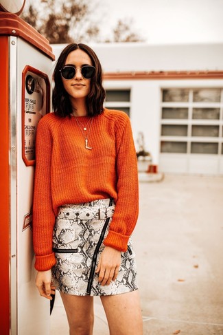 Orange Crew-neck Sweater Outfits For Women: 