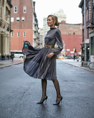Charcoal Pleated Midi Dress Outfits: 