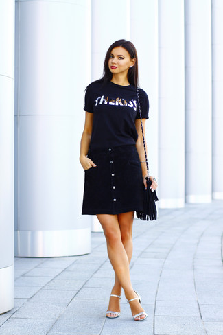Women's Black and Silver Print Crew-neck T-shirt, Black Suede Button Skirt, Silver Leather Heeled Sandals, Black Fringe Suede Crossbody Bag