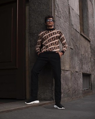 Men's Charcoal Sunglasses, Black and White Athletic Shoes, Black Chinos, Tan Print Turtleneck