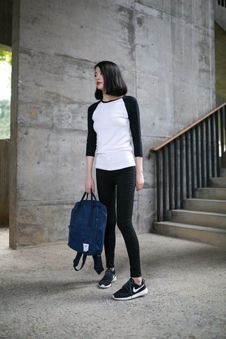 White and Black Long Sleeve T-shirt Outfits For Women: 