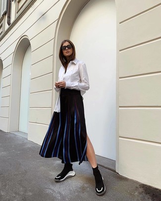 Black and White Vertical Striped Midi Skirt Outfits: 