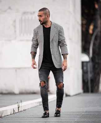 Black and White Gingham Blazer Outfits For Men: Why not marry a black and white gingham blazer with black ripped skinny jeans? As well as very practical, these two items look amazing married together. Introduce a pair of black leather tassel loafers to this look to instantly step up the wow factor of any ensemble.