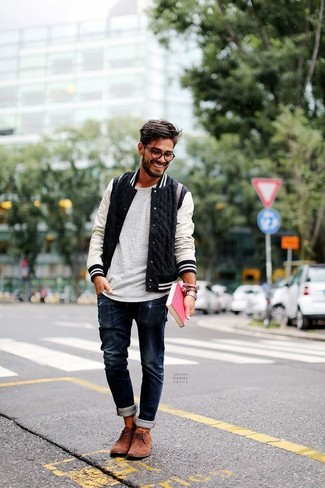 Men's Black and White Bomber Jacket, Grey Crew-neck T-shirt, Navy Jeans, Brown Suede Desert Boots