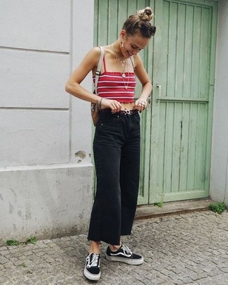 Women's Black and White Canvas Low Top Sneakers, Black Flare Jeans, Red Horizontal Striped Cropped Top