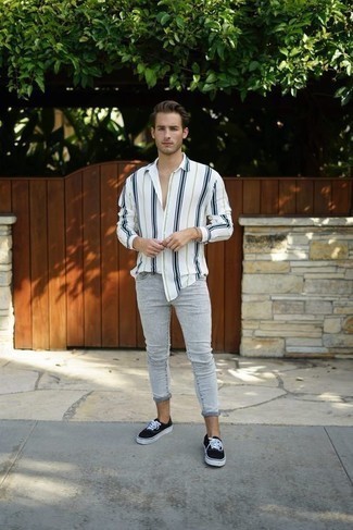 White and Black Vertical Striped Long Sleeve Shirt Outfits For Men: 