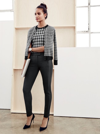 Women's Black and White Check Cardigan, Black and White Check Crew-neck Sweater, Black Skinny Pants, Black Suede Pumps