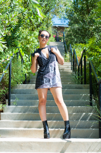 Women's Black and White Check Shift Dress, Black Chunky Leather Ankle Boots, Black Sunglasses