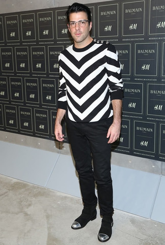 Zachary Quinto wearing Black and White Chevron Crew-neck Sweater, Black Chinos, Black Suede Chelsea Boots