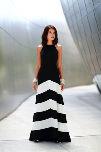 Black and White Chevron Evening Dress Outfits: Go for a black and white chevron evening dress for truly stunning attire.