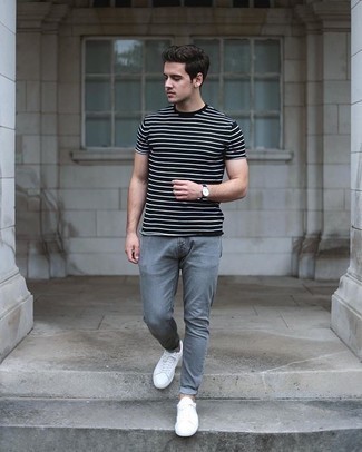 Black Horizontal Striped Crew-neck T-shirt Outfits For Men: Want to inject your wardrobe with some casual menswear style? Consider pairing a black horizontal striped crew-neck t-shirt with grey skinny jeans. Feeling experimental today? Class up this ensemble by slipping into a pair of white canvas low top sneakers.