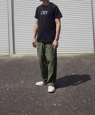 Men's Black and White Print Crew-neck T-shirt, Olive Chinos, White Canvas Low Top Sneakers, Silver Watch