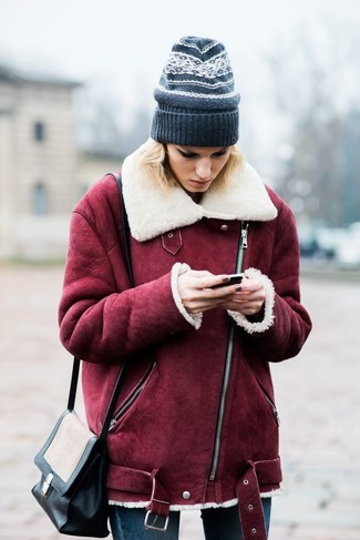 Burgundy Shearling Jacket Outfits For Women: 
