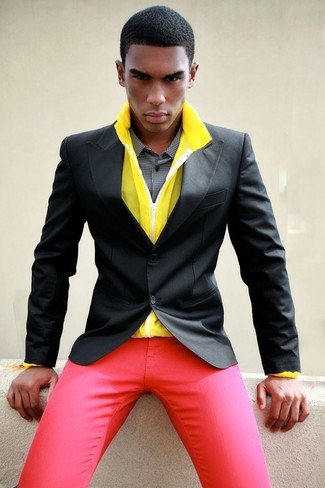 Men's Red Chinos, Black and White Gingham Dress Shirt, Black Blazer, Yellow Windbreaker