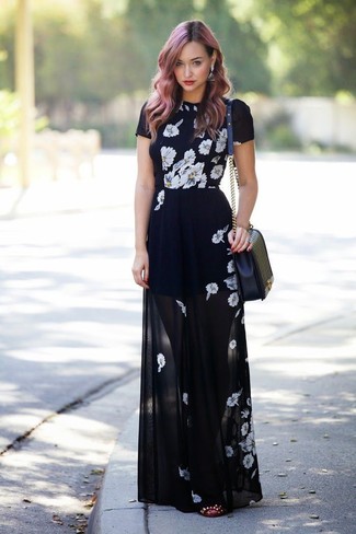 Women's Black and White Floral Maxi Dress, Burgundy Studded Leather Ballerina Shoes, Black Quilted Leather Crossbody Bag