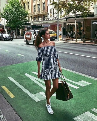 Women's Black and White Gingham Off Shoulder Dress, White Canvas Low Top Sneakers, Black Leather Tote Bag