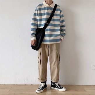 Men's Black Canvas Messenger Bag, Black and White Canvas High Top Sneakers, Khaki Cargo Pants, White and Blue Horizontal Striped Polo Neck Sweater
