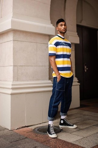Men's White Socks, Black and White Canvas High Top Sneakers, Navy Jeans, Yellow Horizontal Striped Crew-neck T-shirt