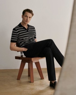 Black and White Leather Loafers Outfits For Men: This combination of a black and white horizontal striped polo and black chinos is hard proof that a safe casual ensemble doesn't have to be boring. Give a more elegant twist to an otherwise too-common outfit by sporting a pair of black and white leather loafers.