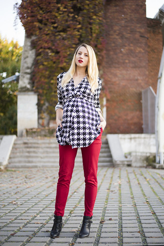Women's Black and White Houndstooth Cardigan, Red Skinny Pants, Black Cutout Leather Ankle Boots