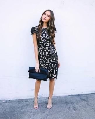 Black Lace Sheath Dress Outfits: Rock a black lace sheath dress to don a sleek and classy ensemble. Complement this ensemble with beige leather heeled sandals for maximum impact.