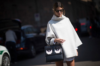 Women's Black and White Leather Satchel Bag, White Shirtdress, Beige Poncho