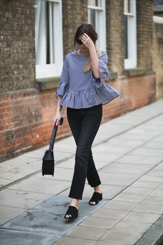 Black Suede Mules Outfits: If you'd like take your casual style to a new height, consider pairing a black and white gingham long sleeve blouse with black skinny pants. For shoes, go down the classic route with a pair of black suede mules.