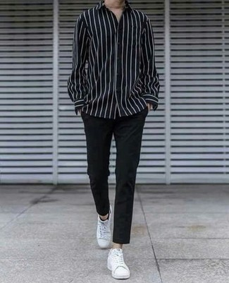 Men's Black and White Vertical Striped Long Sleeve Shirt, Black Chinos, White Canvas Low Top Sneakers, Black No Show Socks