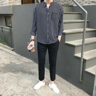 Men's Black and White Vertical Striped Long Sleeve Shirt, Black Chinos, White Canvas Low Top Sneakers, Black Leather Watch
