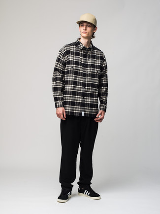 Black and White Plaid Long Sleeve Shirt Outfits For Men: 