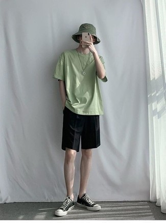 Men's Olive Bucket Hat, Black and White Canvas Low Top Sneakers, Black Shorts, Mint Crew-neck T-shirt