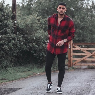 Red Gingham Flannel Long Sleeve Shirt Outfits For Men: 