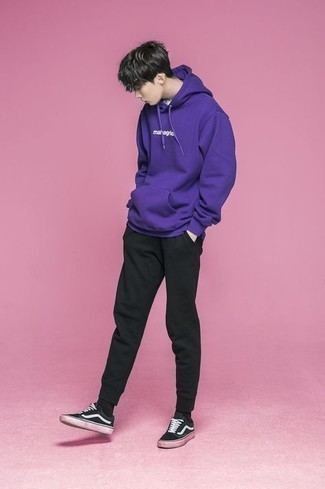Dark Purple Print Hoodie Outfits For Men: 