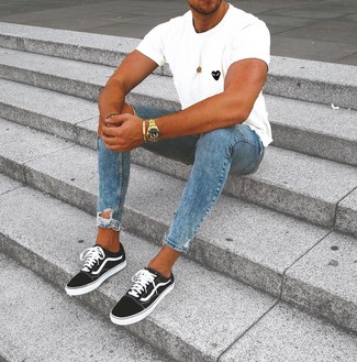 Men's Gold Watch, Black and White Low Top Sneakers, Blue Ripped Skinny Jeans, White and Black Print Crew-neck T-shirt