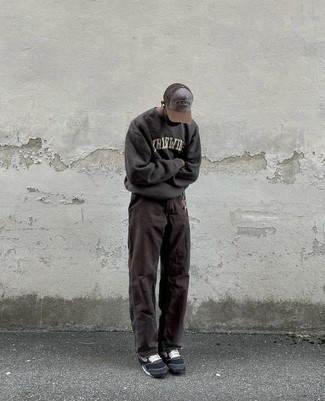 Men's Grey Print Baseball Cap, Black and White Canvas Low Top Sneakers, Dark Brown Jeans, Charcoal Print Sweatshirt