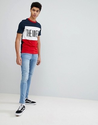 White and Red and Navy Print Crew-neck T-shirt Outfits For Men: 