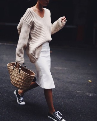 Women's Tan Straw Tote Bag, Black and White Low Top Sneakers, White Pencil Skirt, Beige Knit Oversized Sweater