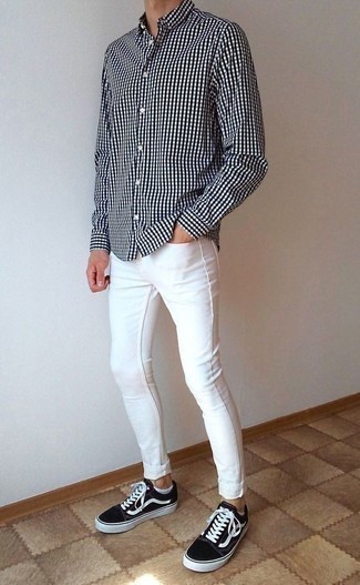 Men's White No Show Socks, Black and White Canvas Low Top Sneakers, White Skinny Jeans, White and Black Gingham Long Sleeve Shirt