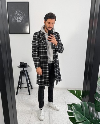 White Leather High Top Sneakers Outfits For Men: A black and white plaid overcoat and black jeans are among the key elements in any man's great closet. If you need to instantly dial down your getup with one single item, complete your ensemble with a pair of white leather high top sneakers.