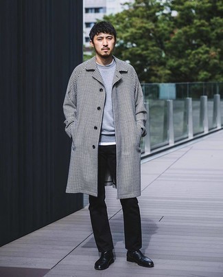 Gingham Coat Smart Casual Cold Weather Outfits For Men: Pairing a gingham coat and black jeans is a surefire way to inject your closet with some rugged refinement. A trendy pair of black leather chelsea boots is an effective way to punch up this ensemble.