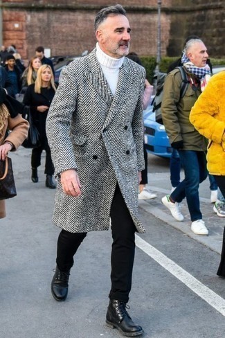 White Knit Turtleneck Outfits For Men: One of the most popular ways for a man to style out a white knit turtleneck is to wear it with black chinos in a relaxed casual getup. Get a bit experimental in the shoe department and complete this look with a pair of black leather casual boots.