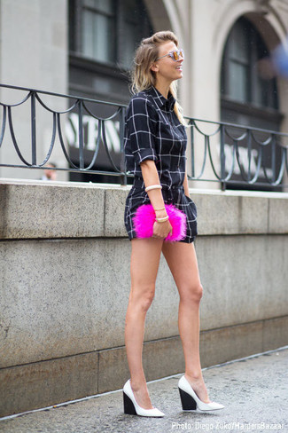 Women's Black and White Check Playsuit, White and Black Leather Wedge Pumps, Hot Pink Fur Clutch, Gold Sunglasses