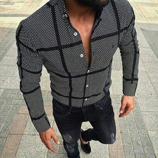 Men's Black and White Polka Dot Dress Shirt, Black Ripped Skinny Jeans, Black Suede Loafers