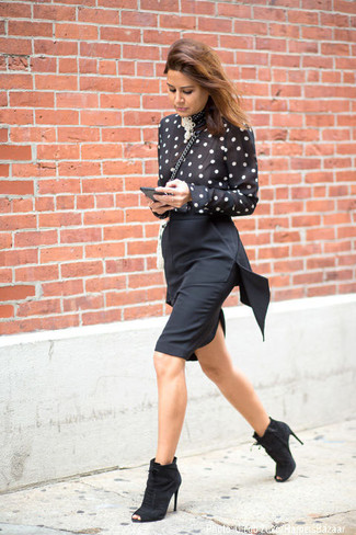 Women's Black and White Polka Dot Long Sleeve Blouse, Black Pencil Skirt, Black Cutout Suede Ankle Boots