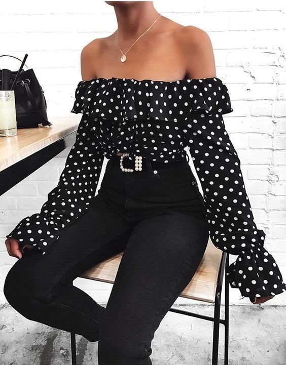 Women s Black and White Polka Dot Off Shoulder Top Black Skinny