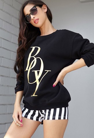 Women's Black and White Print Crew-neck Sweater, Black and White Vertical Striped Shorts
