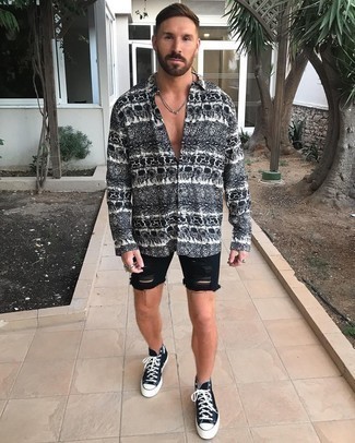 Men's Black and White Print Long Sleeve Shirt, Black Ripped Denim Shorts, Black and White Canvas High Top Sneakers