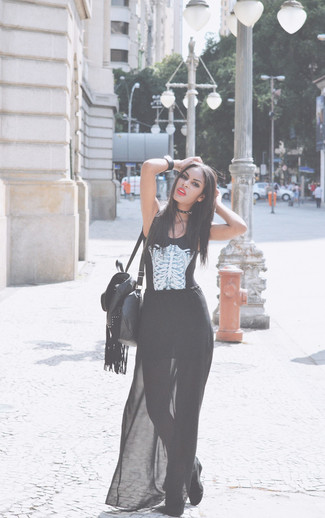 Women's Black and White Print Sleeveless Top, Black Chiffon Maxi Skirt, Black Leather Backpack