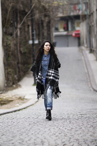 Black Plaid Shawl Outfits: A blue denim jacket and a black plaid shawl are wonderful staples that will integrate well within your day-to-day lineup. To introduce a bit of zing to your getup, introduce a pair of black leather ankle boots to the equation.